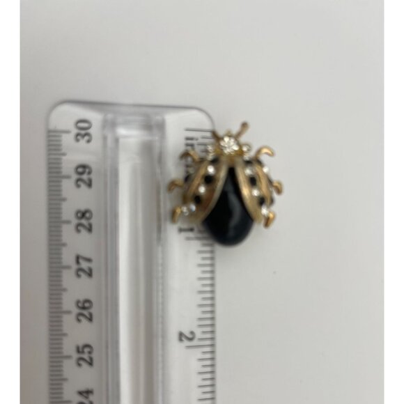 Ladybug Black Gold Tone Brooch Clear Rhinestones 1" - Picture 11 of 11